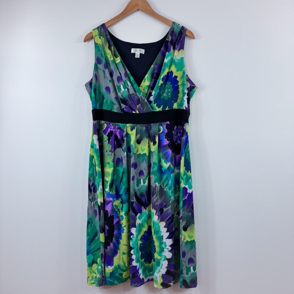 Women’s Dressbarn 14W Abstract Bright Colorful Gray Purple Green Empire Waist
